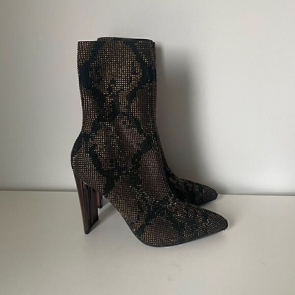 Aldo Boots Black Rhinestone Glam Heels Size 9 Pointy Toe Bronze Stretch NEW - Picture 1 of 11